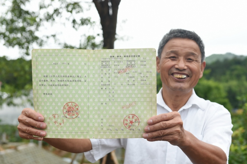 2017年6月13日，福建武平縣萬安鎮(zhèn)捷文村村民李桂林展示林權(quán)改革后領(lǐng)到的全國第一本新式林權(quán)證。