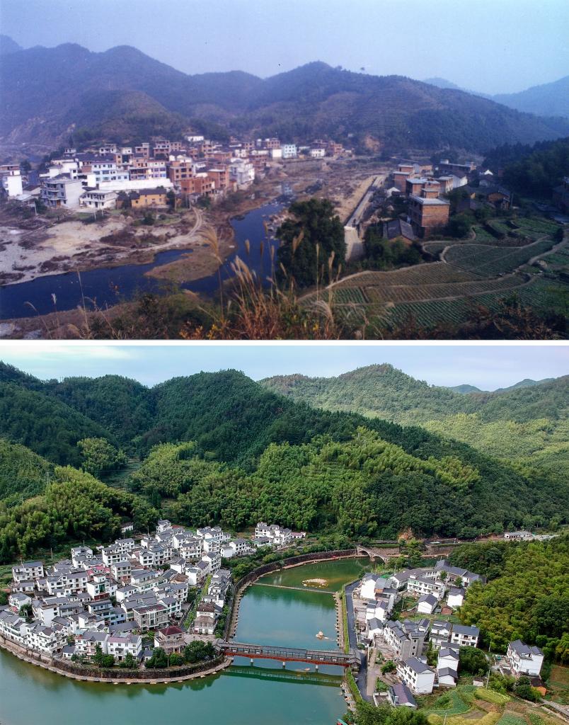 圖為浙江省杭州市淳安縣楓樹嶺鎮(zhèn)下姜村拼版圖，其中上圖為資料照片、下圖由新華社記者張鋮攝。